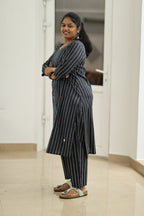 Black Sesame Pinstripe Mirror Work 30+ Women Everyday Office Kurta (Top + Bottom) | MAGI0054