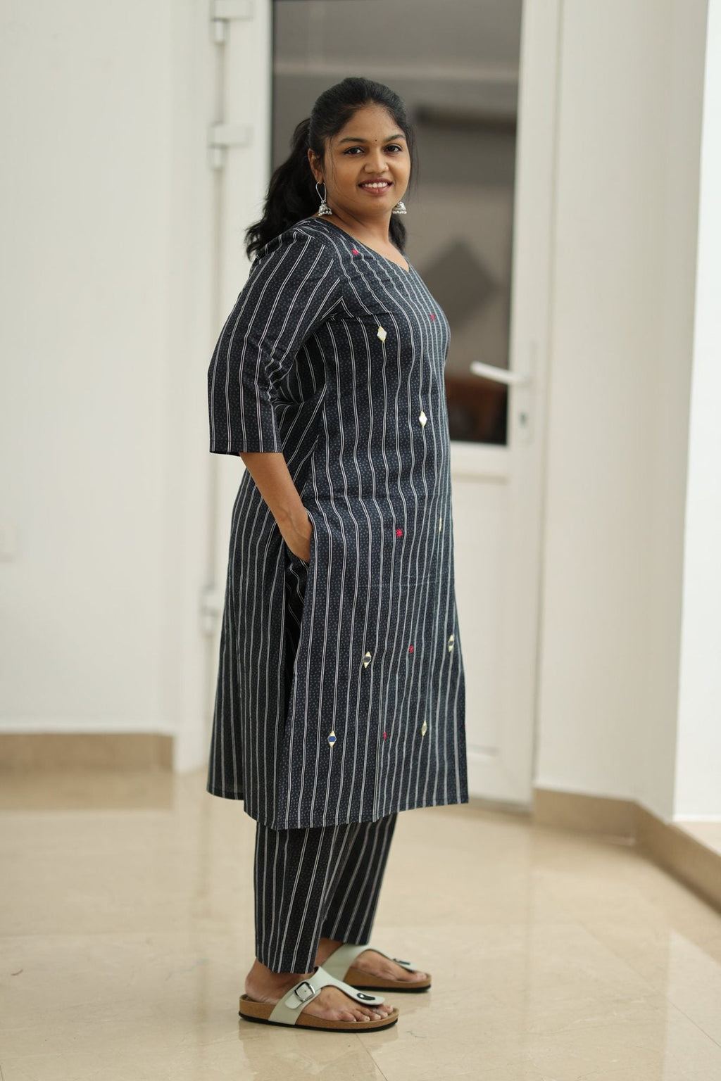 Black Sesame Pinstripe Mirror Work 30+ Women Everyday Office Kurta (Top + Bottom) | MAGI0054