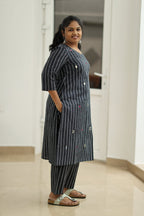 Black Sesame Pinstripe Mirror Work 30+ Women Everyday Office Kurta (Top + Bottom) | MAGI0054