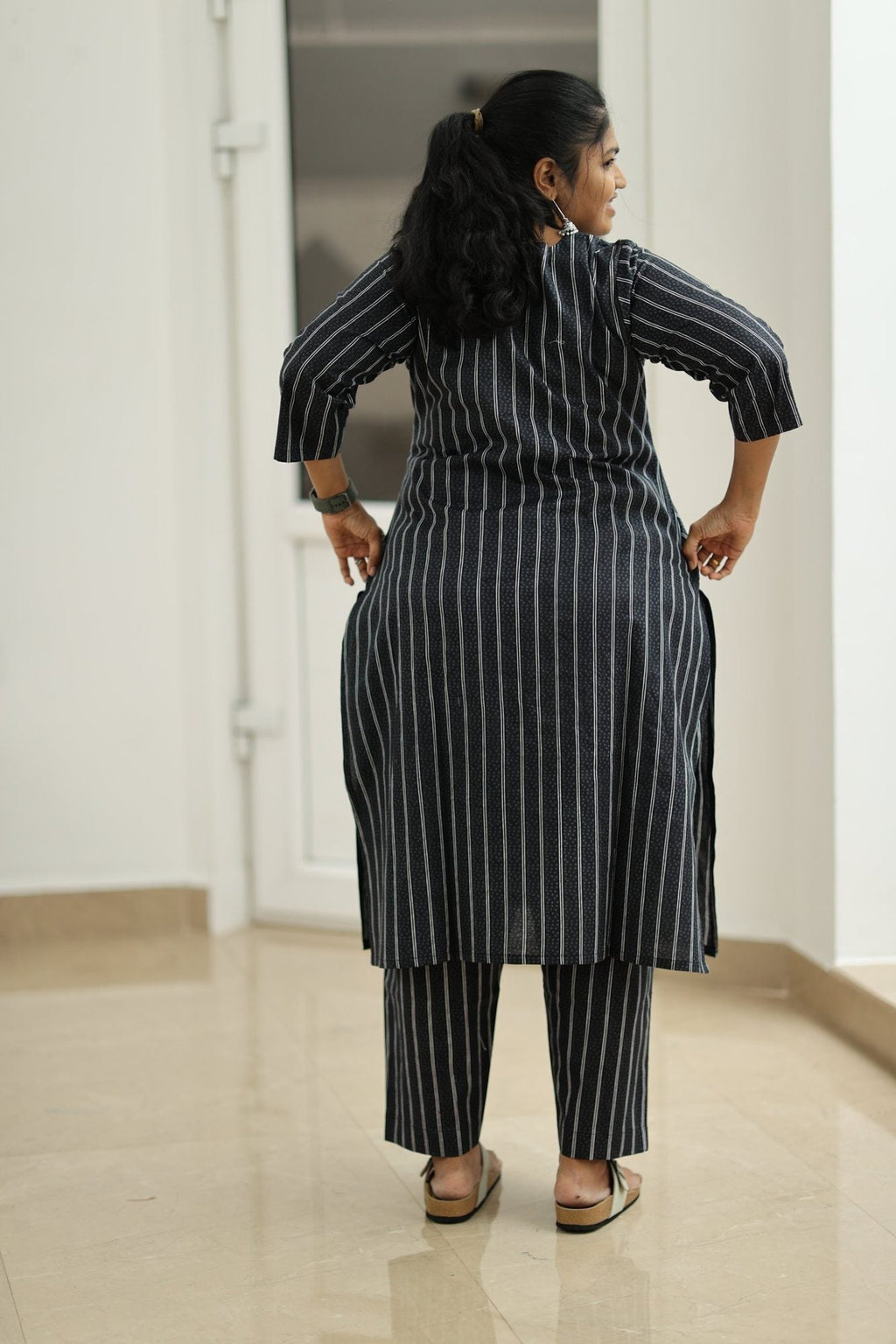 Black Sesame Pinstripe Mirror Work 30+ Women Everyday Office Kurta (Top + Bottom) | MAGI0054