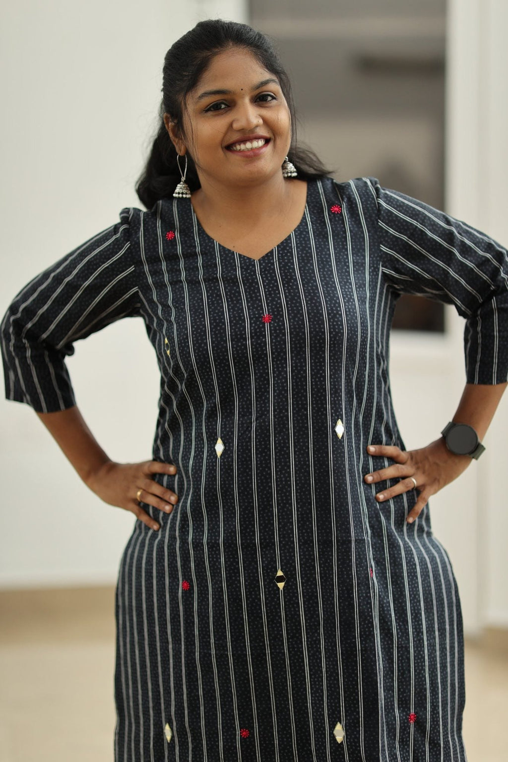 Black Sesame Pinstripe Mirror Work 30+ Women Everyday Office Kurta (Top + Bottom) | MAGI0054