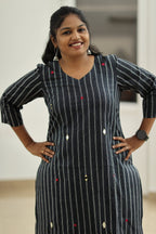 Black Sesame Pinstripe Mirror Work 30+ Women Everyday Office Kurta (Top + Bottom) | MAGI0054