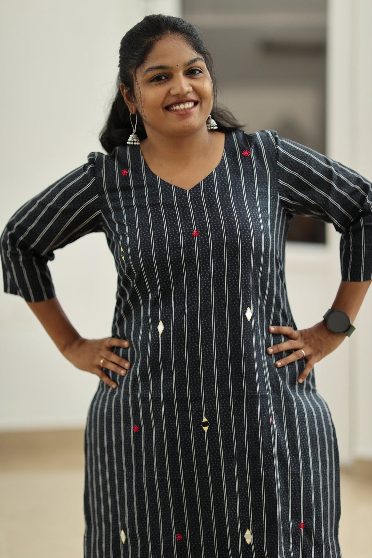 Black Sesame Pinstripe Mirror Work 30+ Women Everyday Office Kurta (Top + Bottom) | MAGI0054