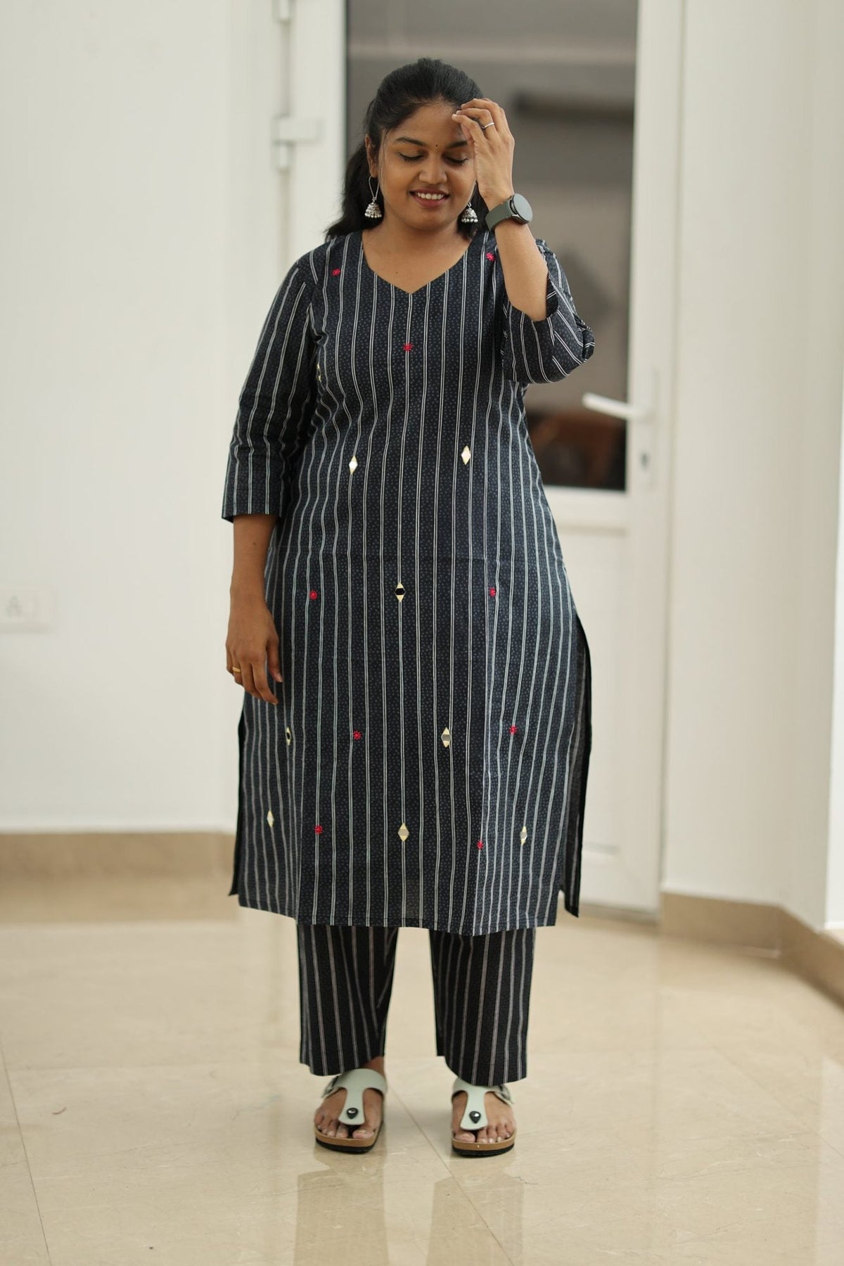 Black Sesame Pinstripe Mirror Work 30+ Women Everyday Office Kurta (Top + Bottom) | MAGI0054