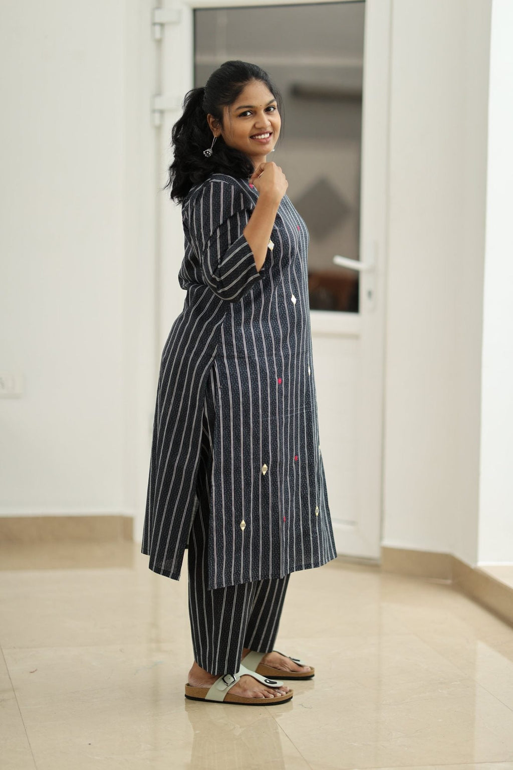 Black Sesame Pinstripe Mirror Work 30+ Women Everyday Office Kurta (Top + Bottom) | MAGI0054