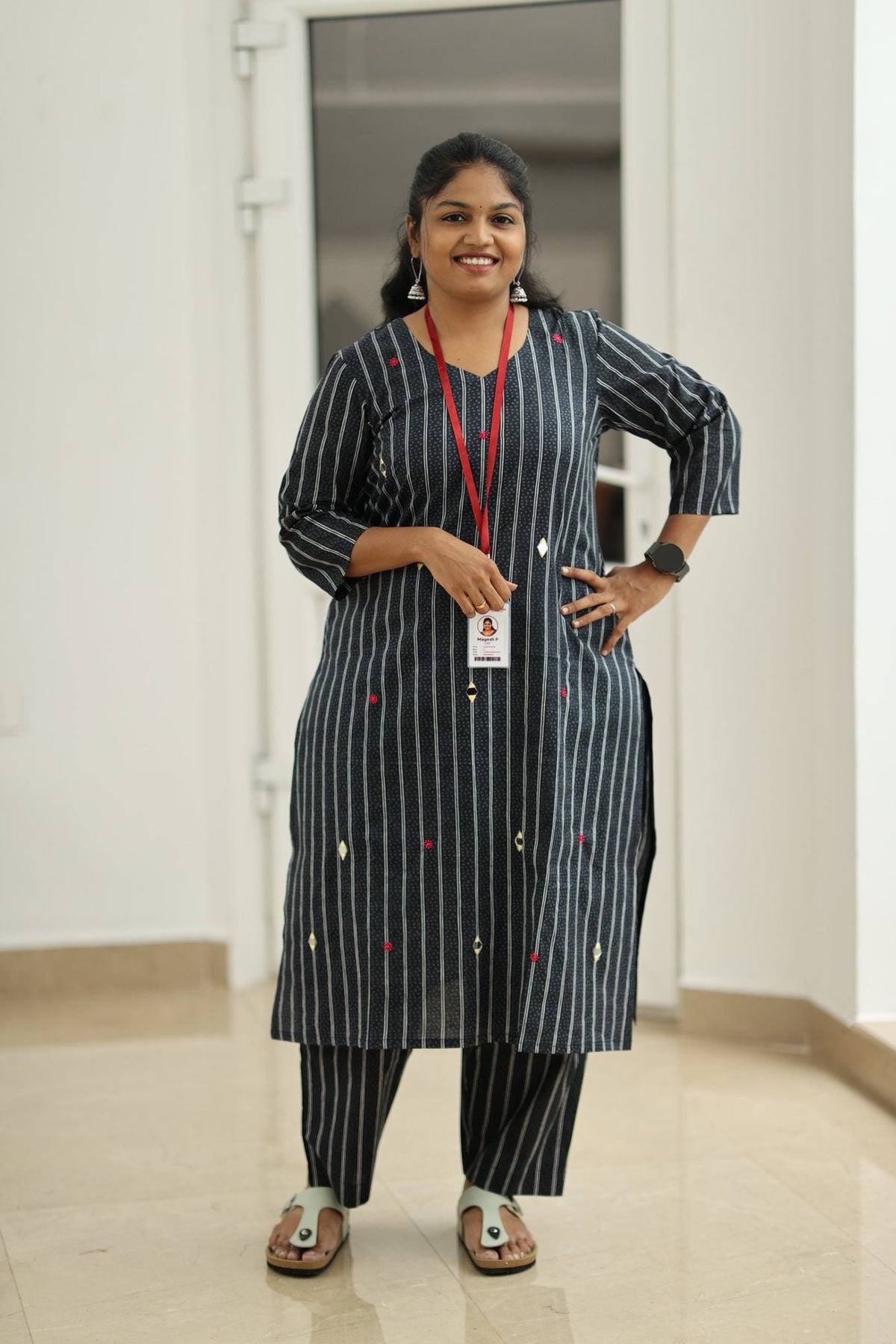 Black Sesame Pinstripe Mirror Work 30+ Women Everyday Office Kurta (Top + Bottom) | MAGI0054