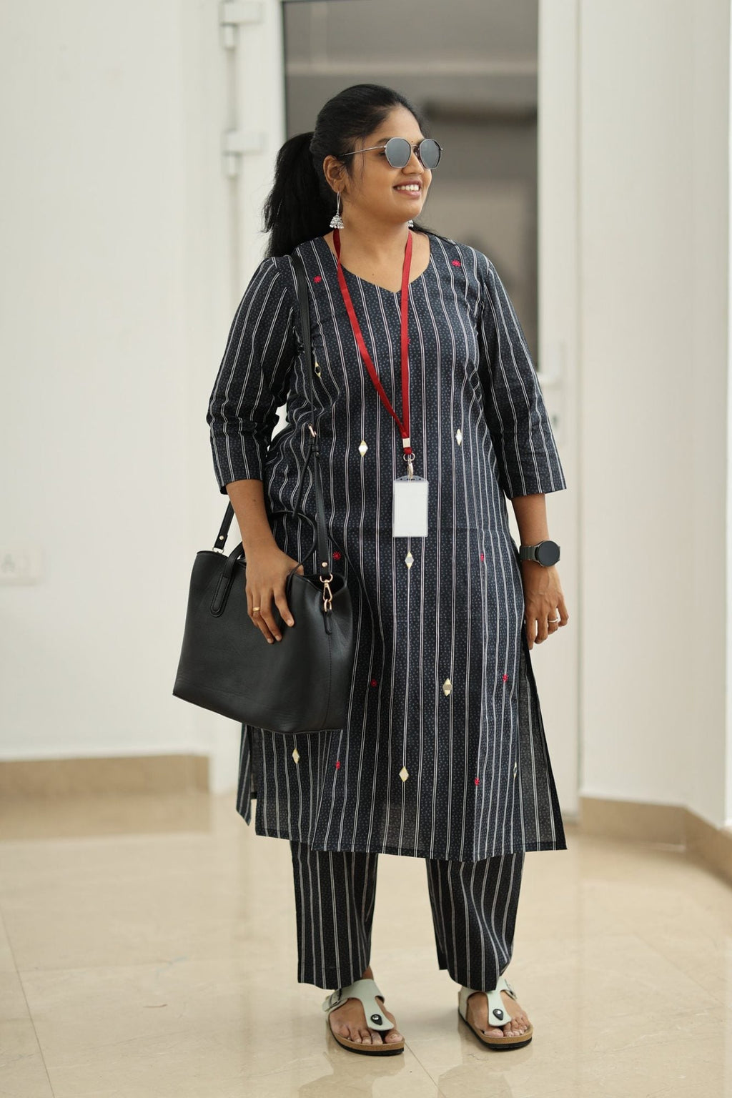 Black Sesame Pinstripe Mirror Work 30+ Women Everyday Office Kurta (Top + Bottom) | MAGI0054