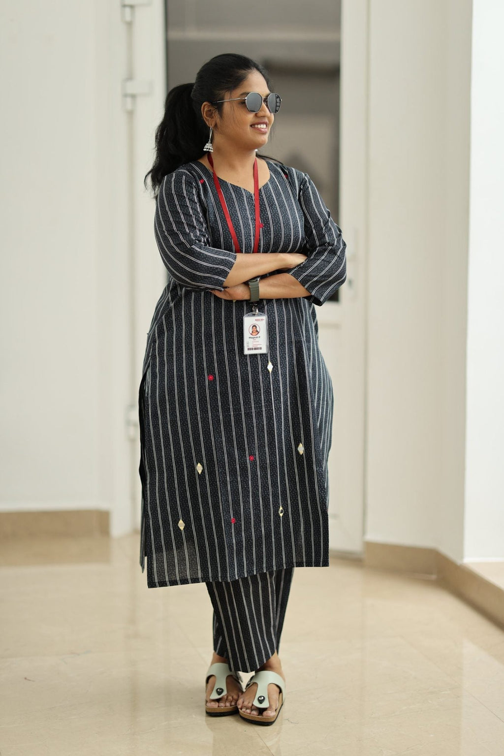 Black Sesame Pinstripe Mirror Work 30+ Women Everyday Office Kurta (Top + Bottom) | MAGI0054
