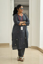 Black Sesame Pinstripe Mirror Work 30+ Women Everyday Office Kurta (Top + Bottom) | MAGI0054