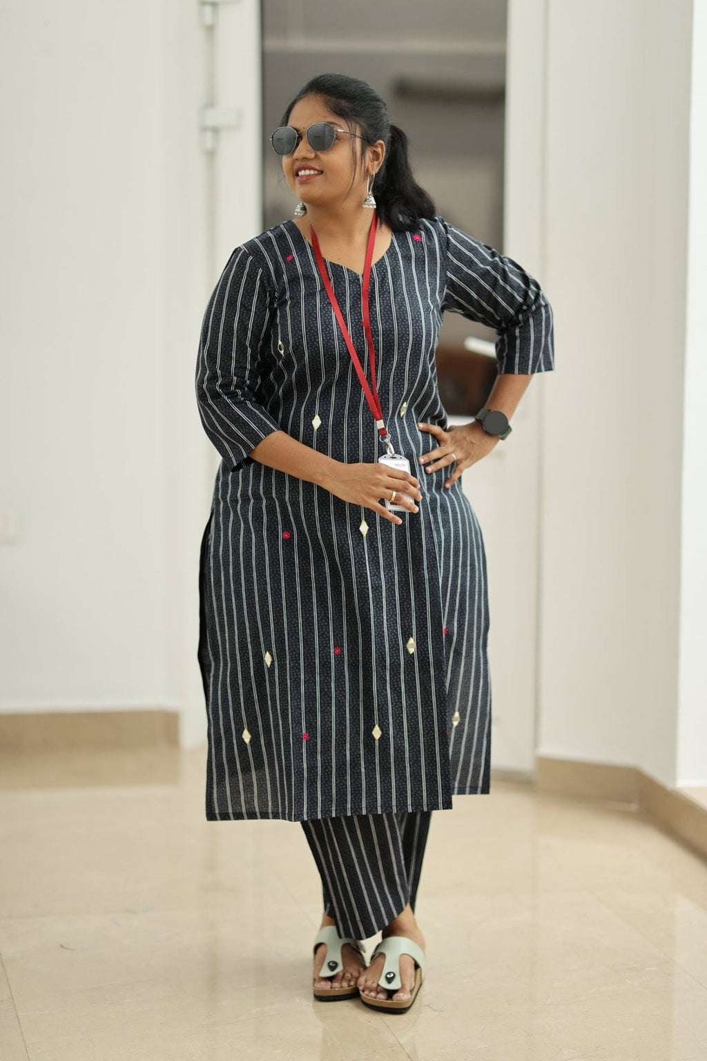 Black Sesame Pinstripe Mirror Work 30+ Women Everyday Office Kurta (Top + Bottom) | MAGI0054