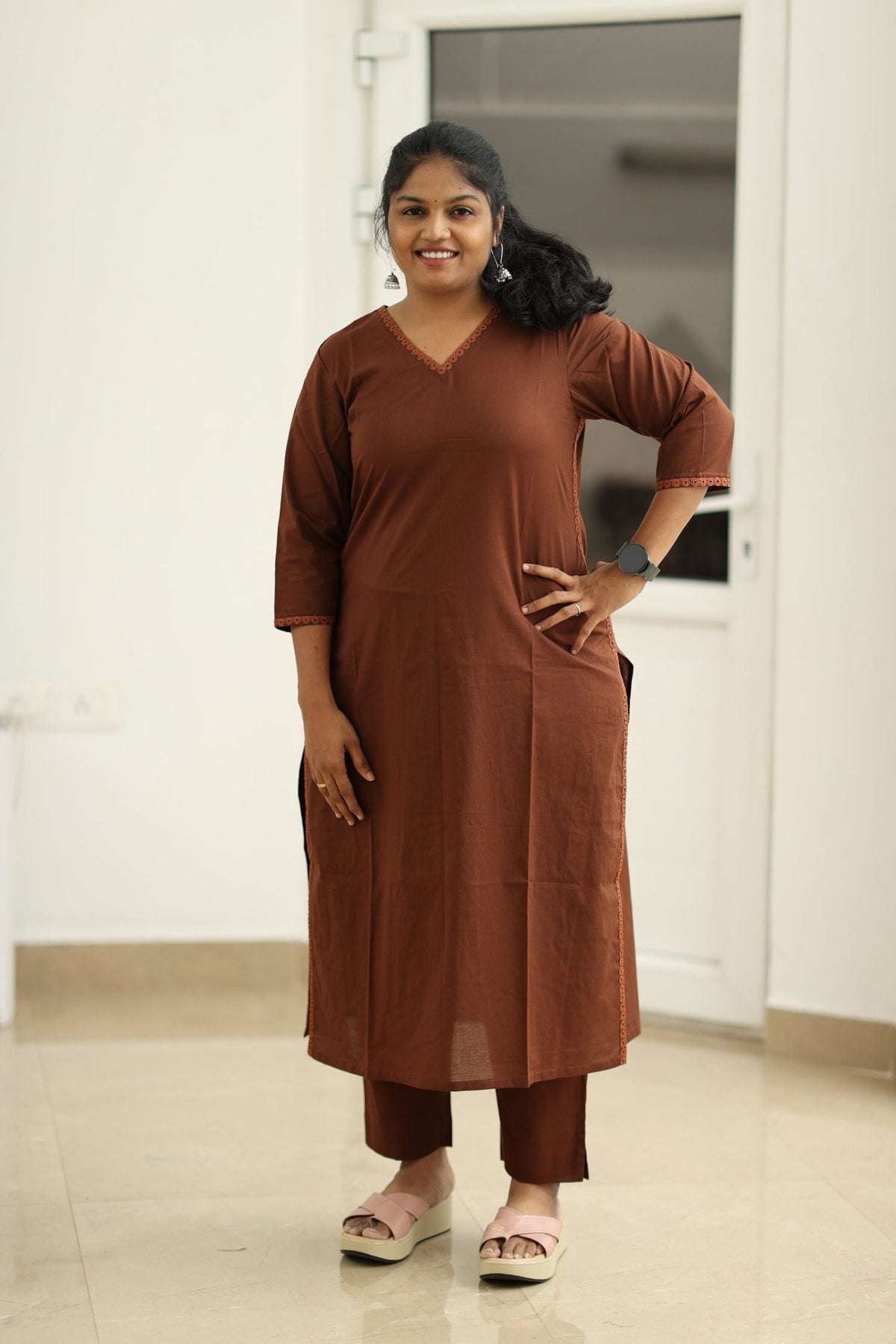 Hot Chocolate Lace Trim 30+ Women Everyday Office Kurta (Top + Bottom) | MAGI0055
