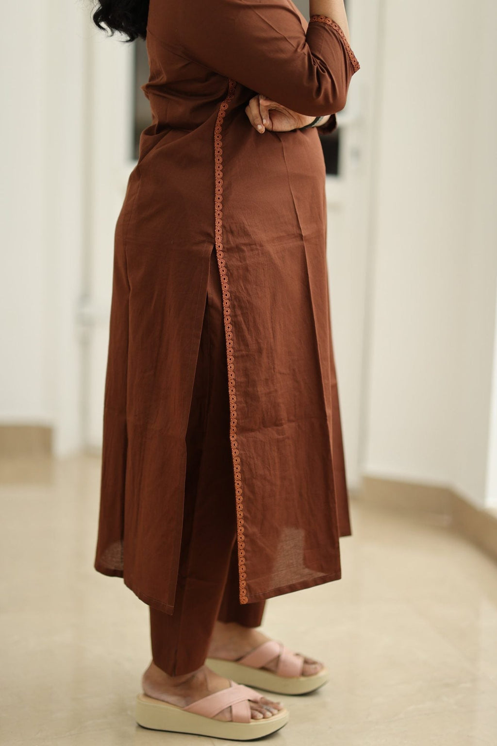 Hot Chocolate Lace Trim 30+ Women Everyday Office Kurta (Top + Bottom) | MAGI0055