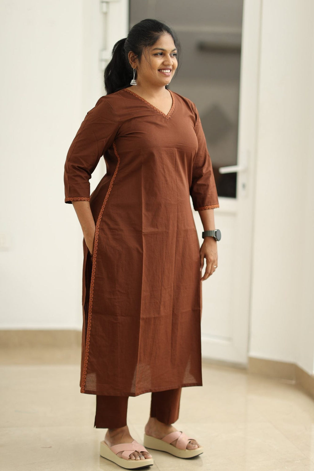 Hot Chocolate Lace Trim 30+ Women Everyday Office Kurta (Top + Bottom) | MAGI0055
