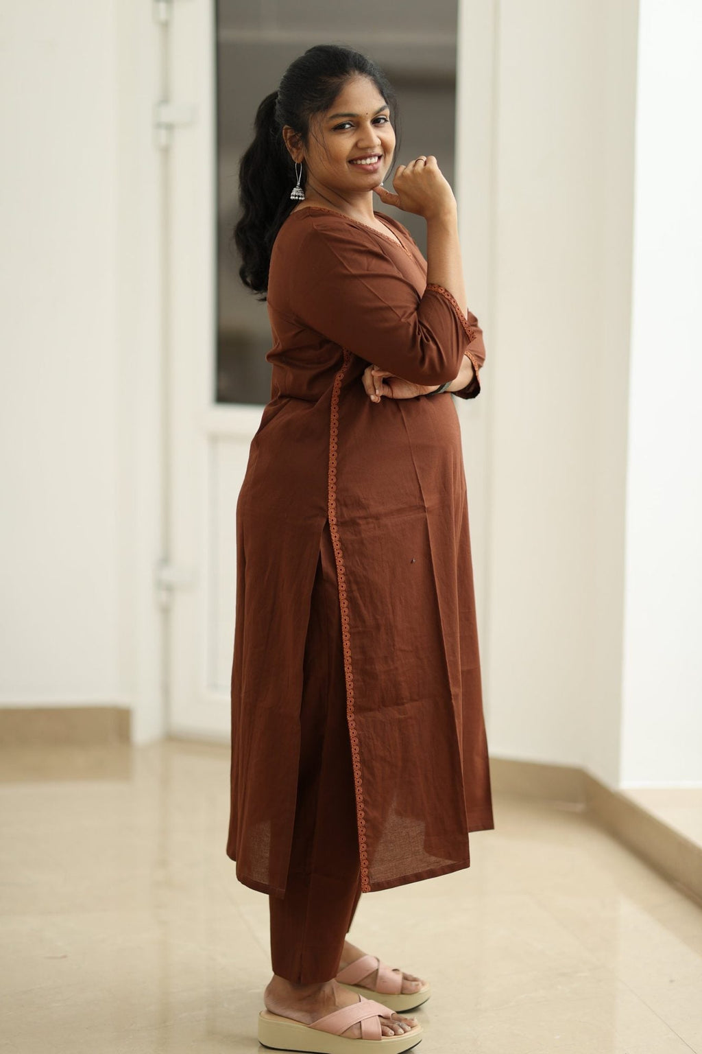 Hot Chocolate Lace Trim 30+ Women Everyday Office Kurta (Top + Bottom) | MAGI0055