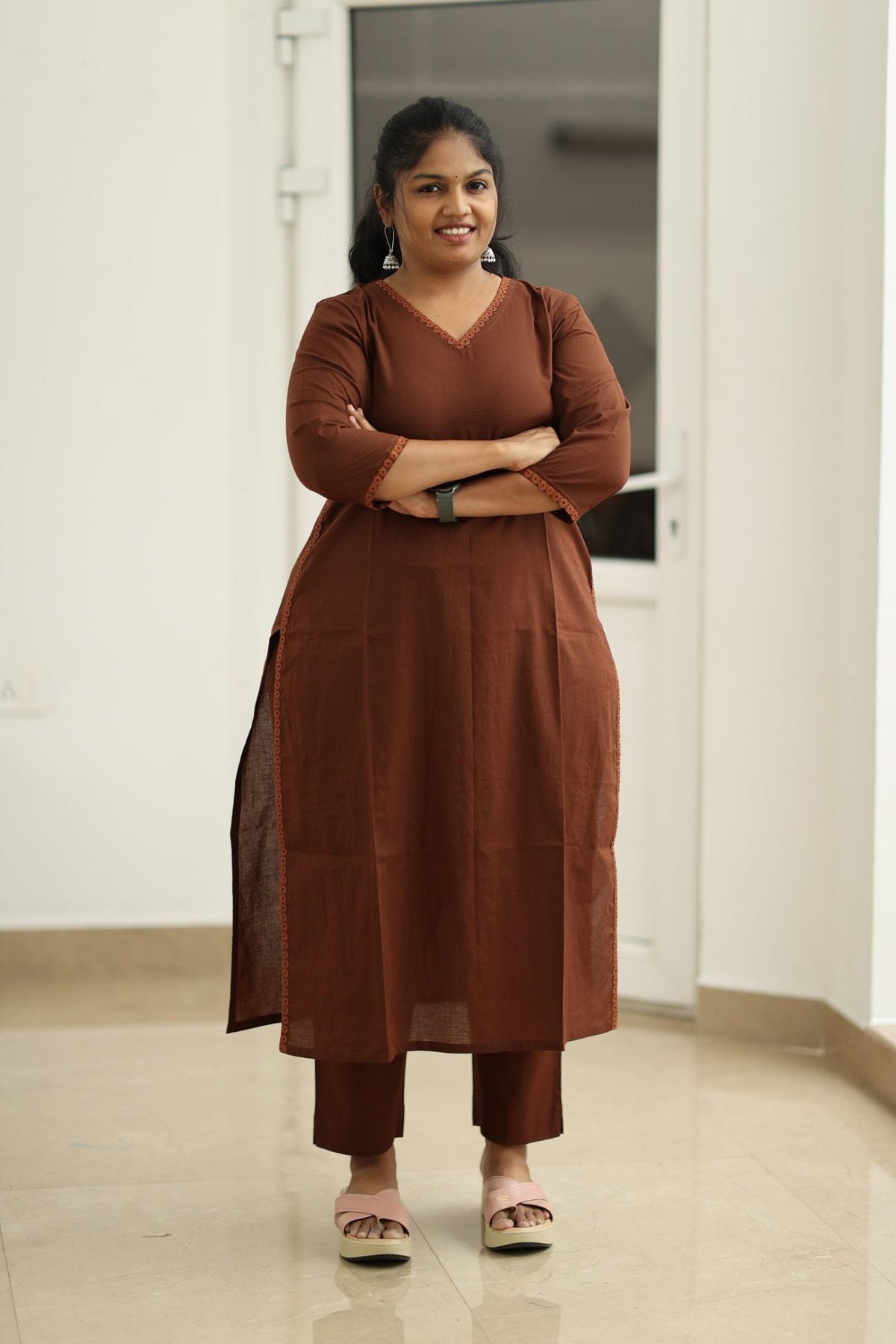 Hot Chocolate Lace Trim 30+ Women Everyday Office Kurta (Top + Bottom) | MAGI0055