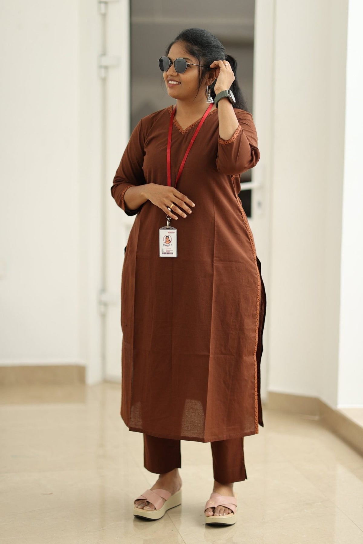 Hot Chocolate Lace Trim 30+ Women Everyday Office Kurta (Top + Bottom) | MAGI0055