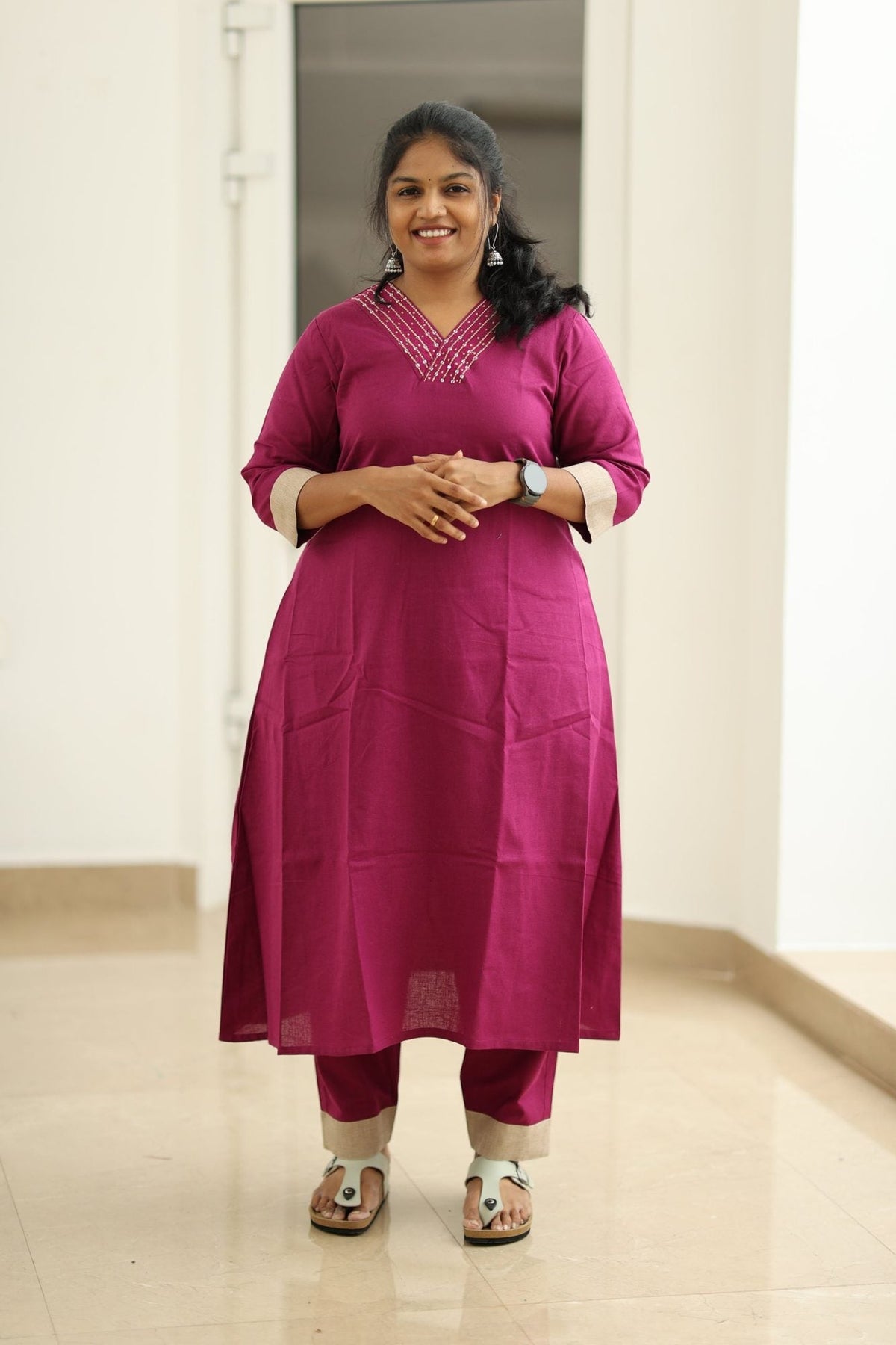 Berry Jam Sequin Neck 30+ Women Everyday Office Kurta (Top + Bottom) | MAGI0056