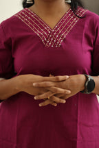 Berry Jam Sequin Neck 30+ Women Everyday Office Kurta (Top + Bottom) | MAGI0056