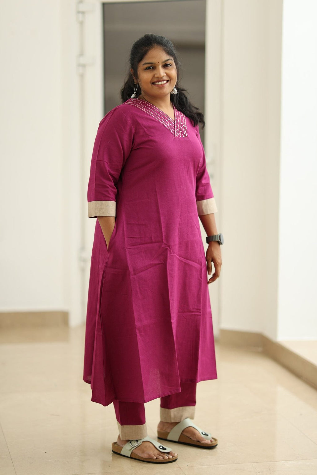 Berry Jam Sequin Neck 30+ Women Everyday Office Kurta (Top + Bottom) | MAGI0056