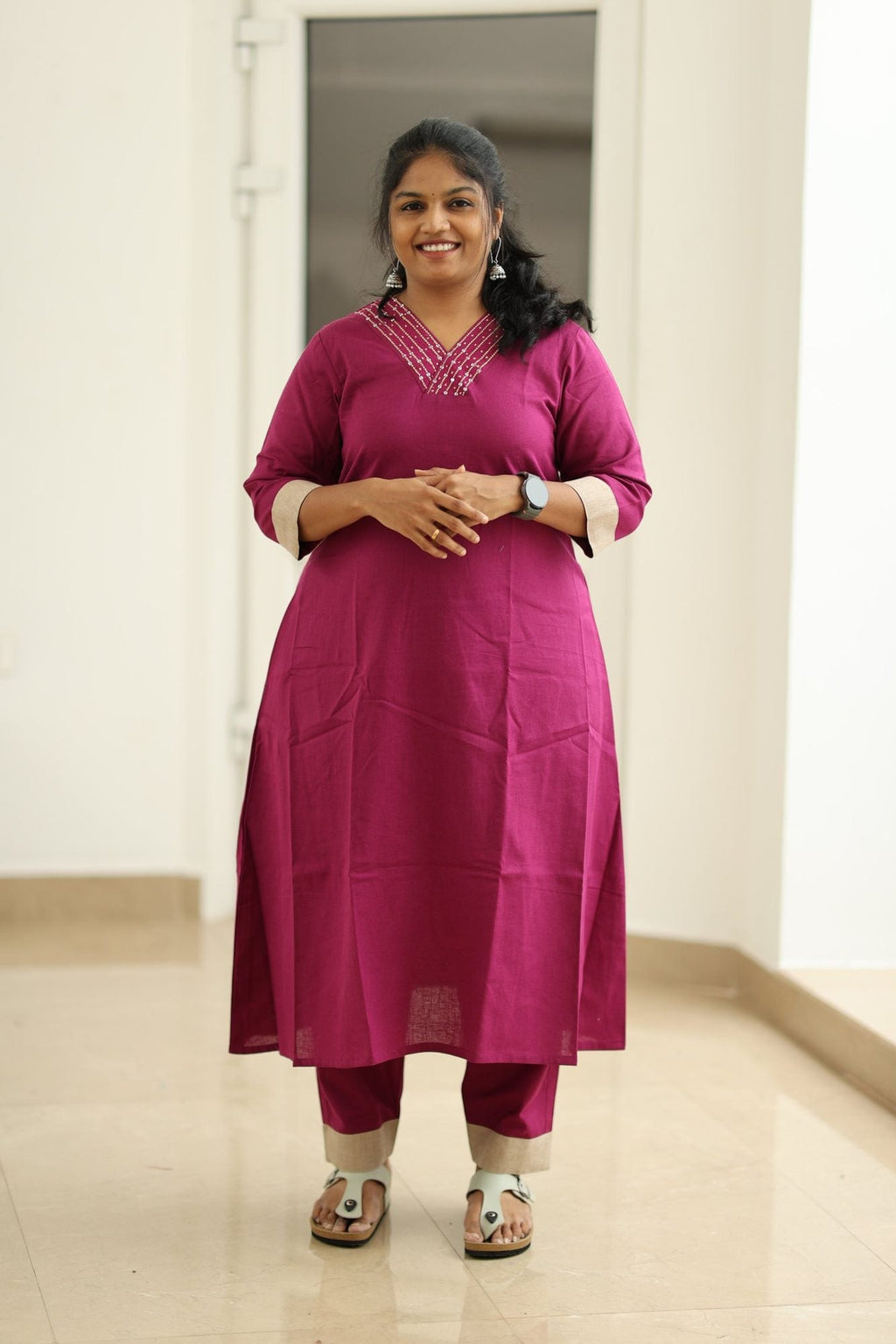 Berry Jam Sequin Neck 30+ Women Everyday Office Kurta (Top + Bottom) | MAGI0056
