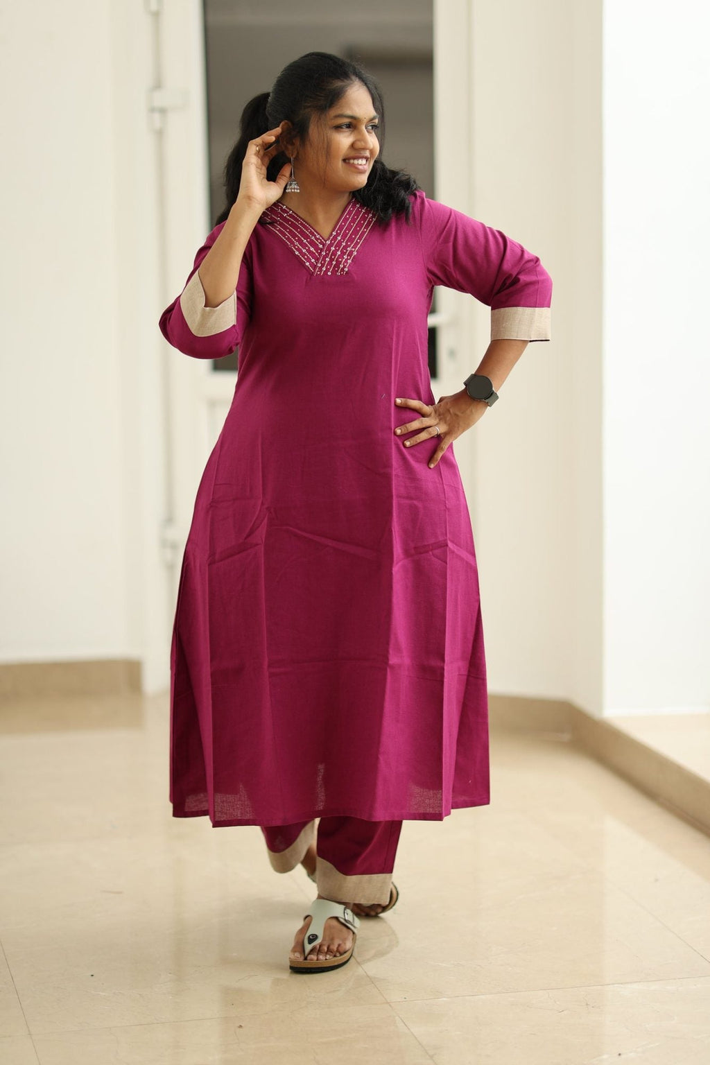 Berry Jam Sequin Neck 30+ Women Everyday Office Kurta (Top + Bottom) | MAGI0056