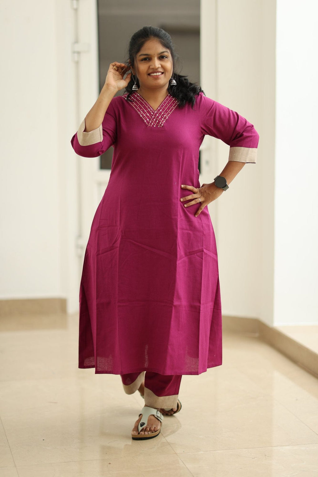 Berry Jam Sequin Neck 30+ Women Everyday Office Kurta (Top + Bottom) | MAGI0056