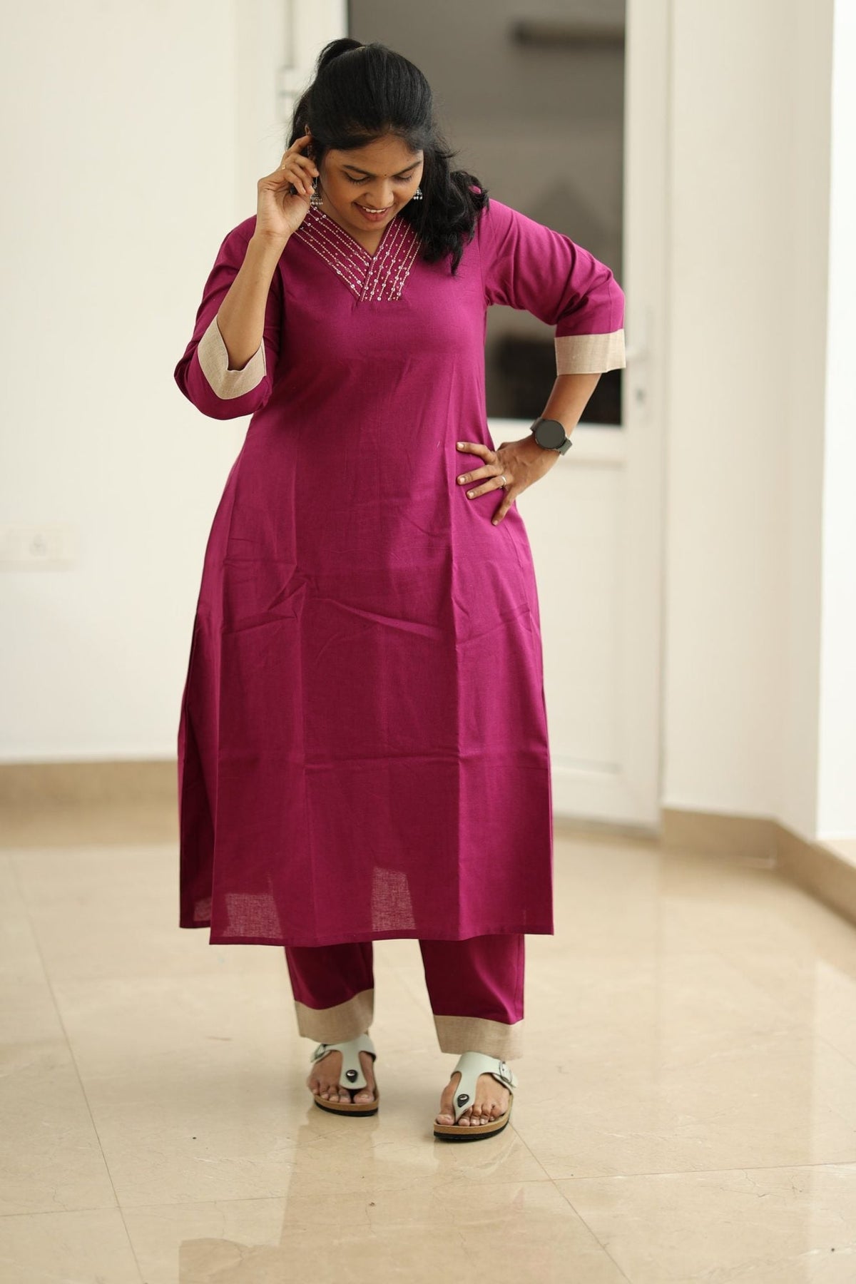 Berry Jam Sequin Neck 30+ Women Everyday Office Kurta (Top + Bottom) | MAGI0056