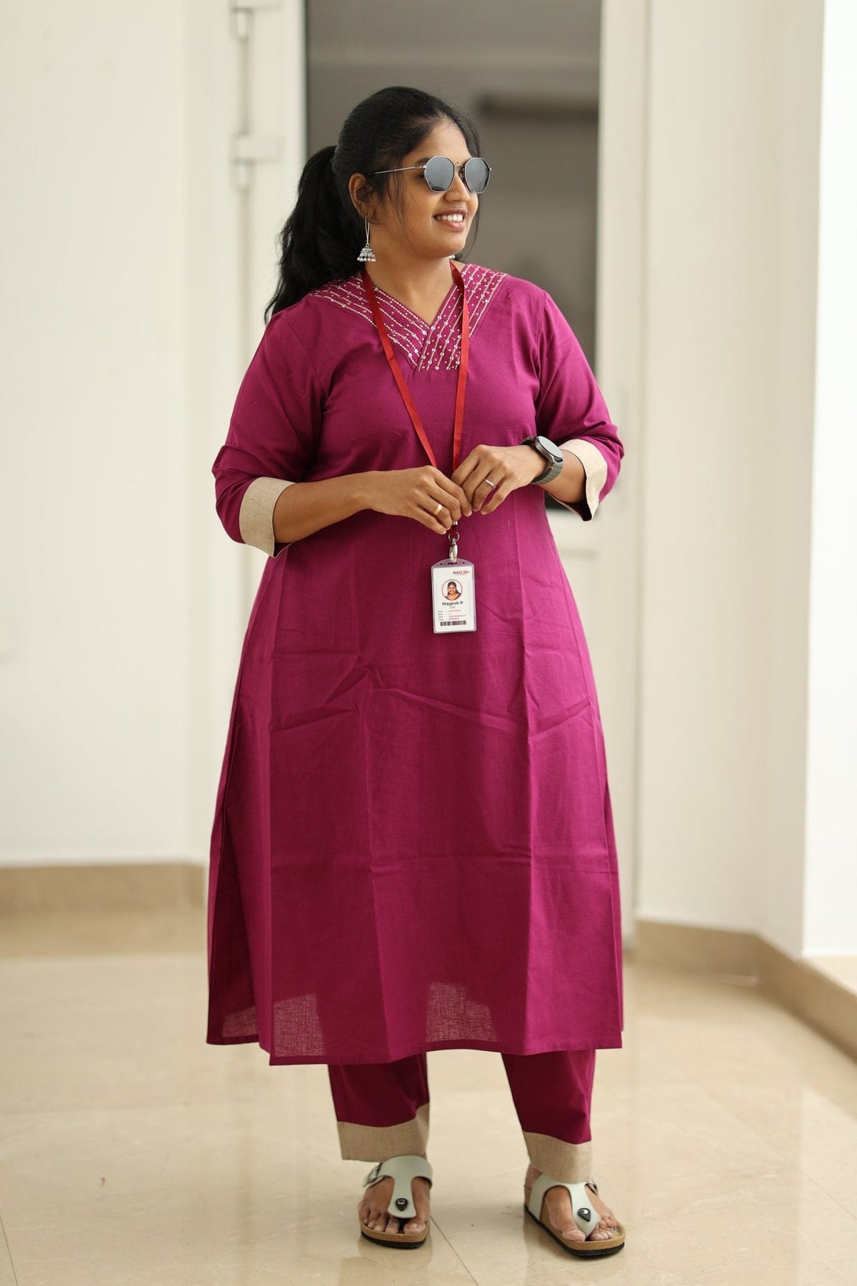 Berry Jam Sequin Neck 30+ Women Everyday Office Kurta (Top + Bottom) | MAGI0056