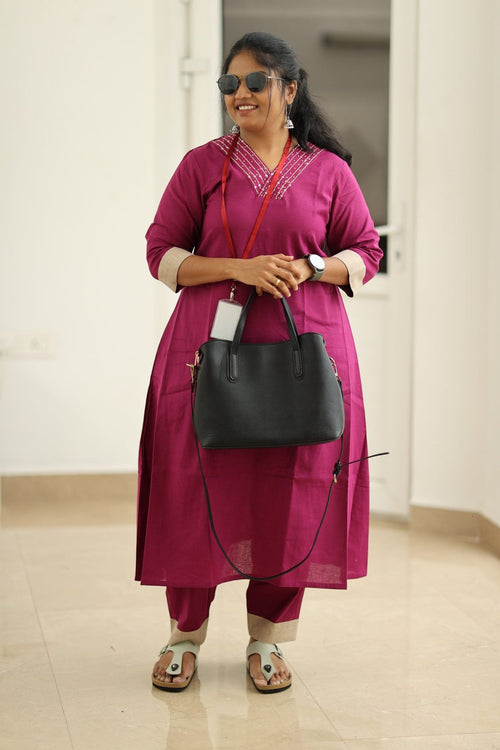 Berry Jam Sequin Neck 30+ Women Everyday Office Kurta (Top + Bottom) | MAGI0056