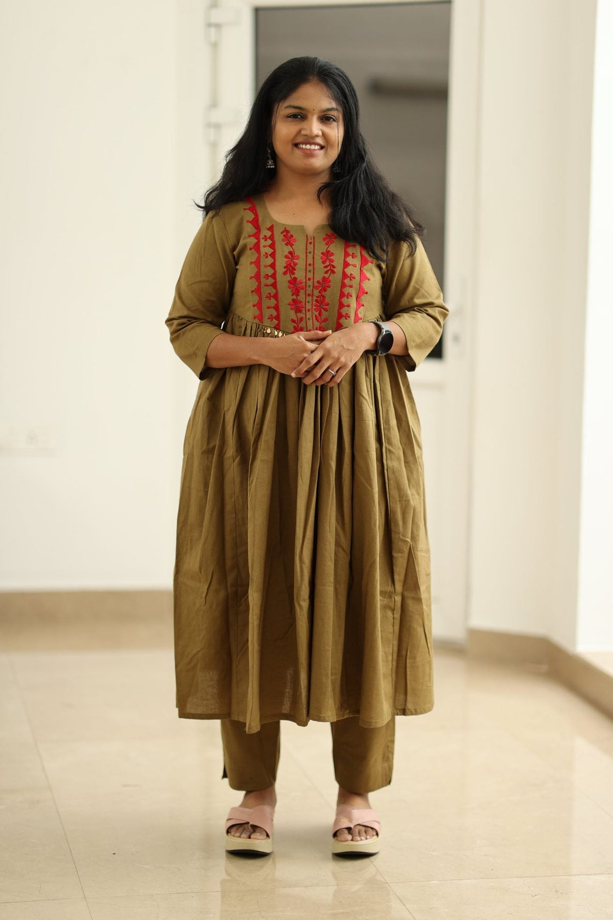 Green Olive Chilli Embroidery 30+ Women Everyday Office Kurta (Top + Bottom) | MAGI0057