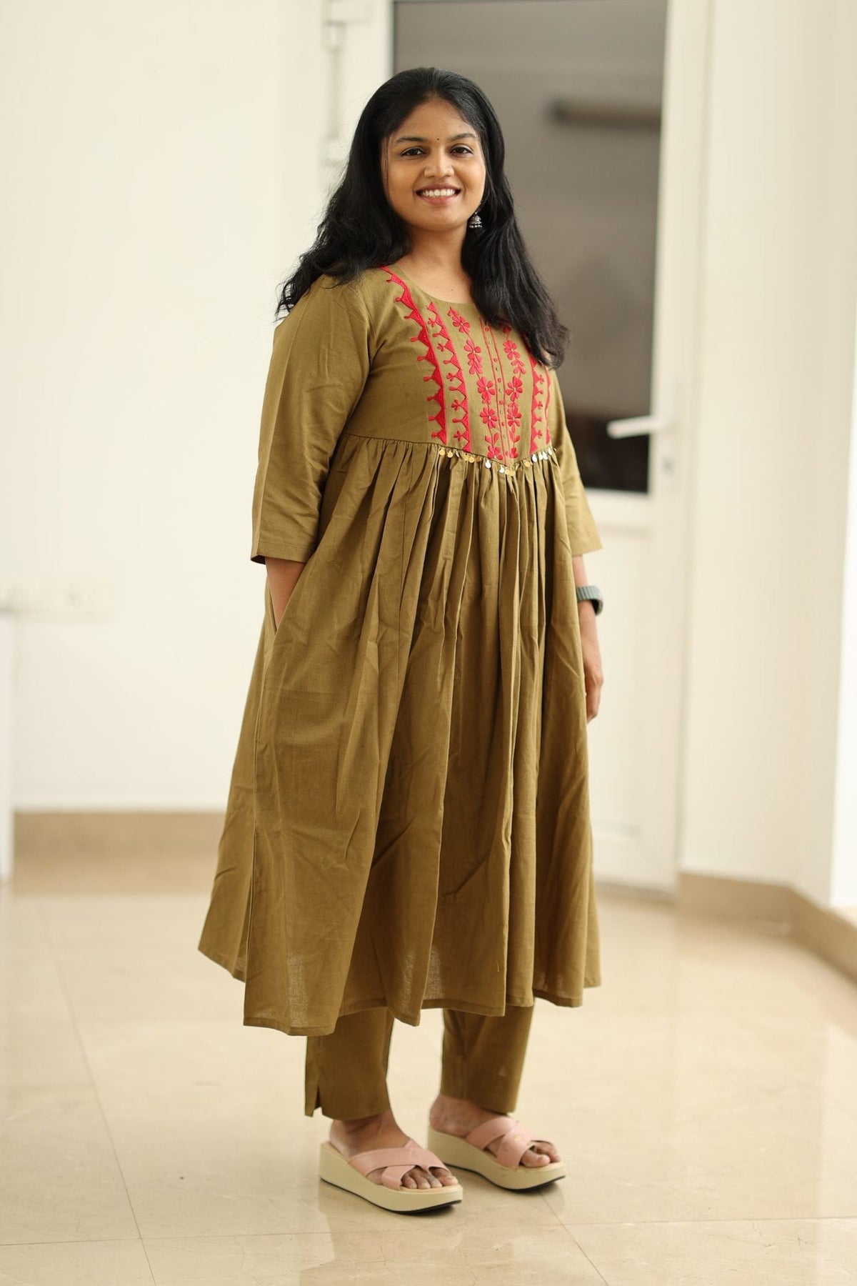 Green Olive Chilli Embroidery 30+ Women Everyday Office Kurta (Top + Bottom) | MAGI0057