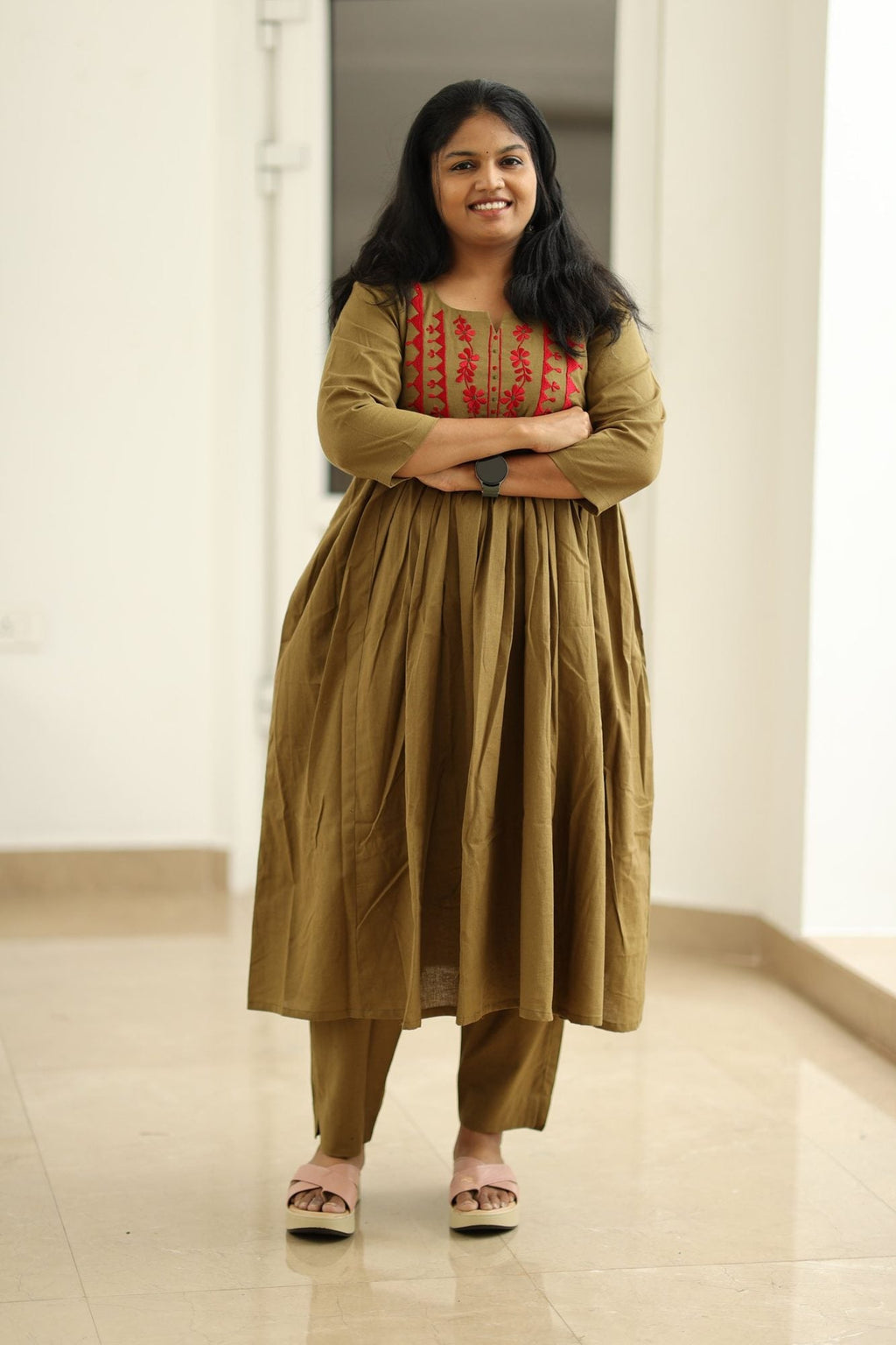 Green Olive Chilli Embroidery 30+ Women Everyday Office Kurta (Top + Bottom) | MAGI0057