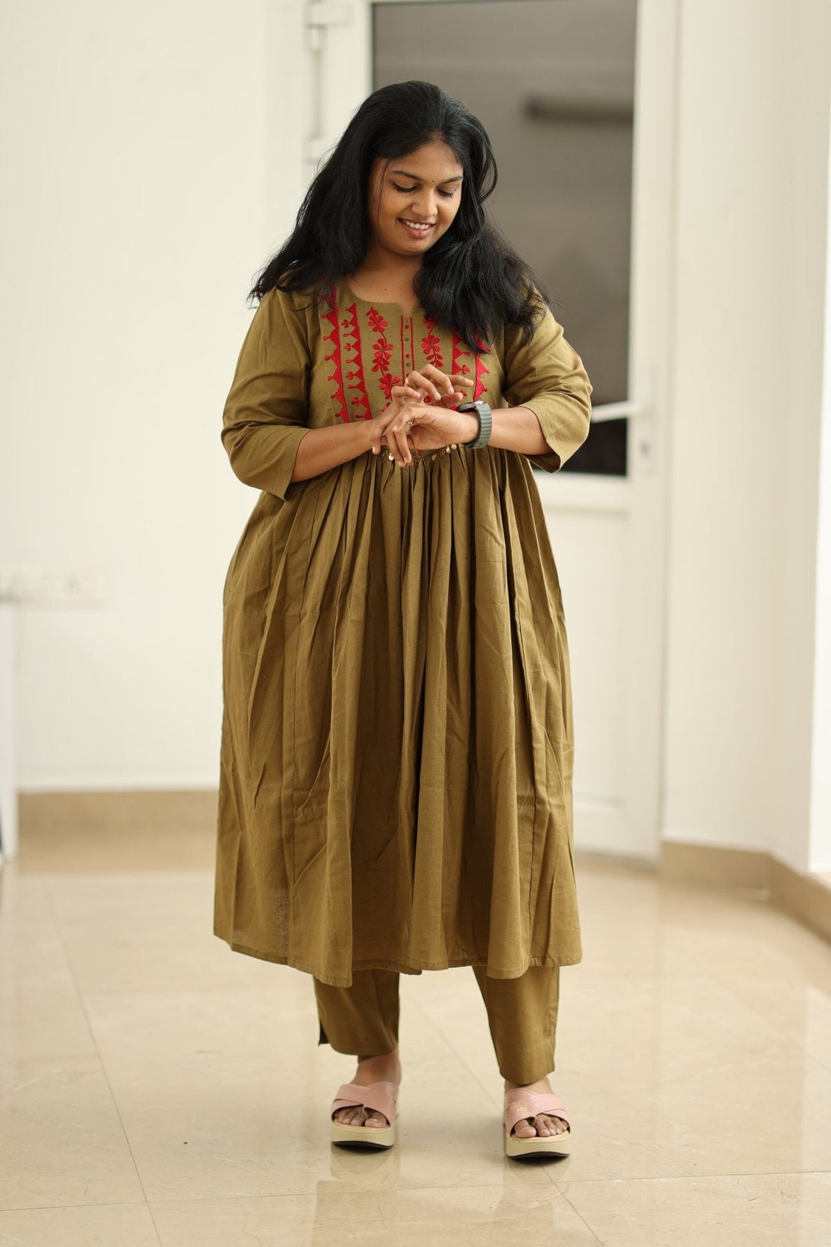 Green Olive Chilli Embroidery 30+ Women Everyday Office Kurta (Top + Bottom) | MAGI0057