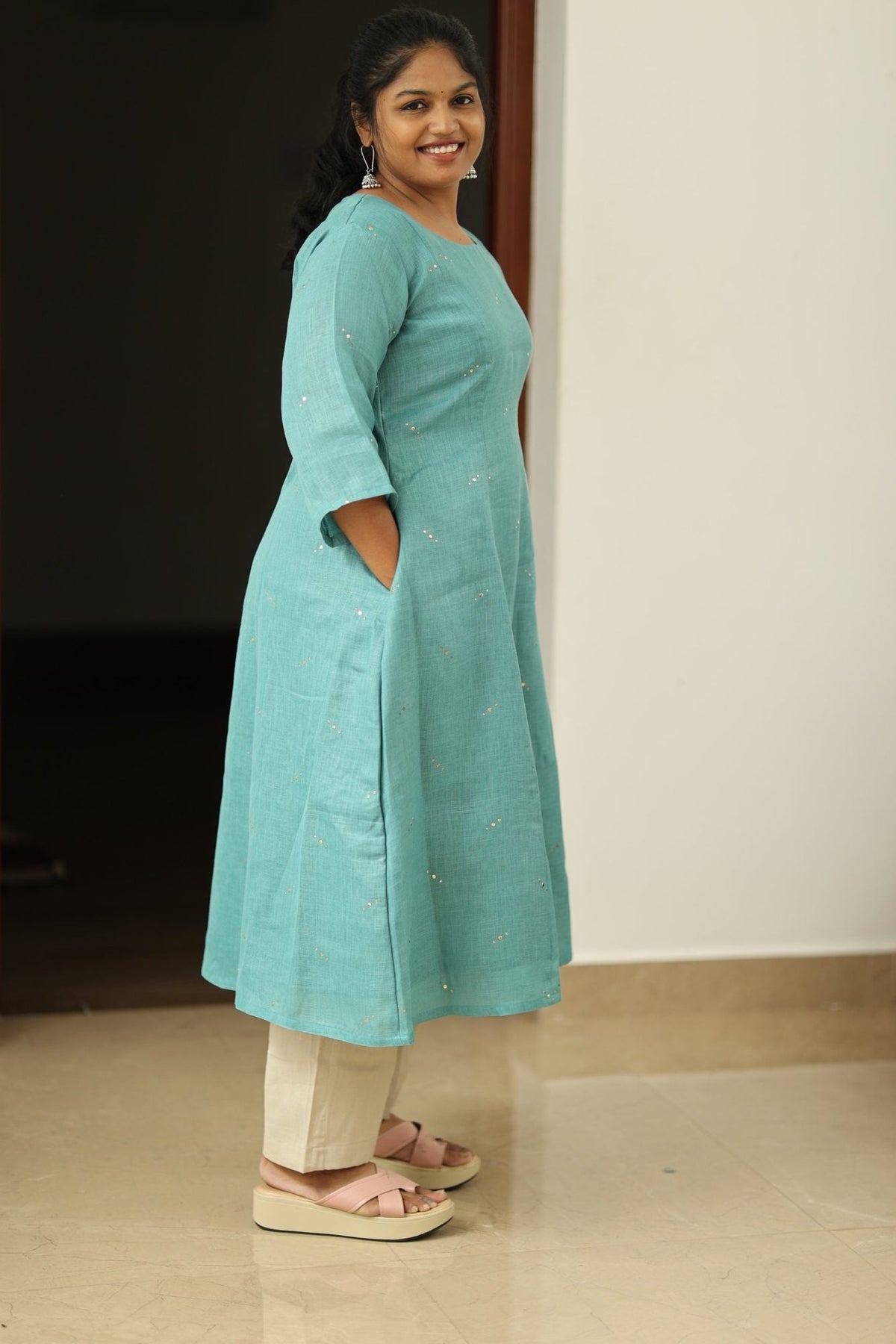 Mint Mojito Gold Sequin 30+ Women Everyday Office Kurta (Top + Bottom) | MAGI0058