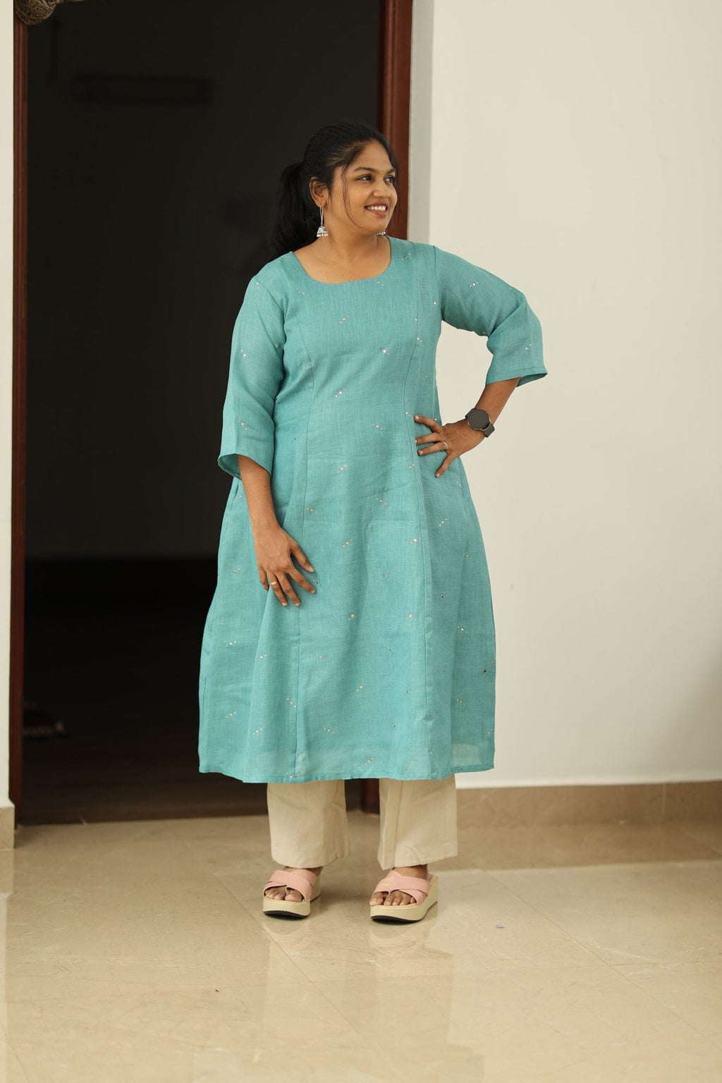 Mint Mojito Gold Sequin 30+ Women Everyday Office Kurta (Top + Bottom) | MAGI0058