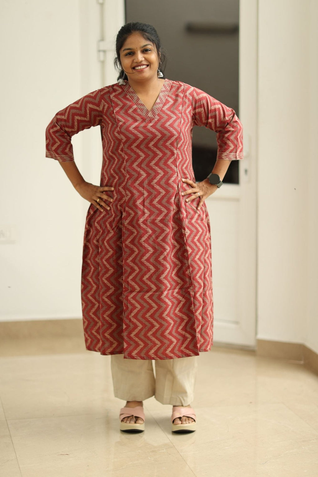 Strawberry Ripple Zigzag Print 30+ Women Everyday Office Kurta (Top + Bottom) | MAGI0059