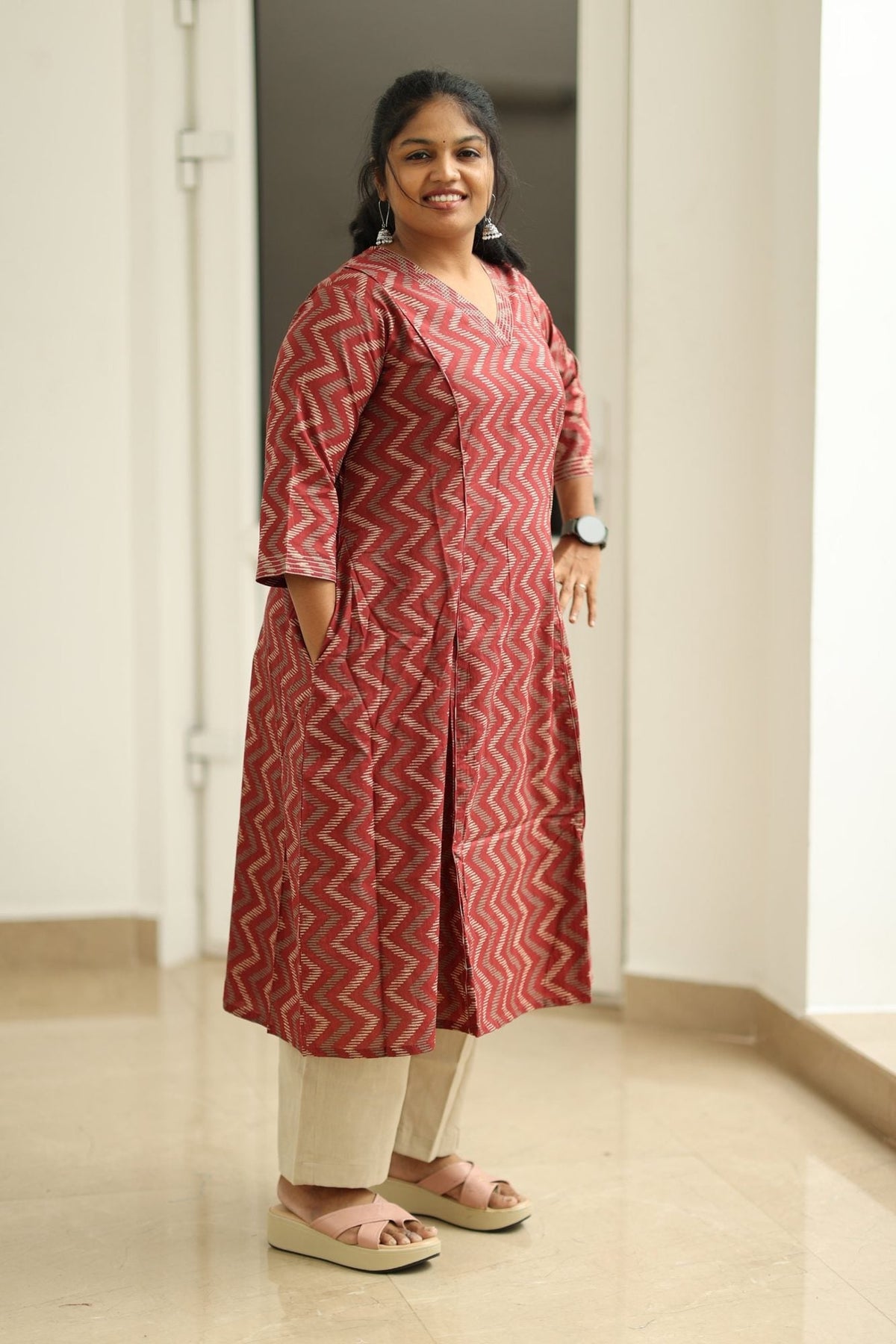 Strawberry Ripple Zigzag Print 30+ Women Everyday Office Kurta (Top + Bottom) | MAGI0059