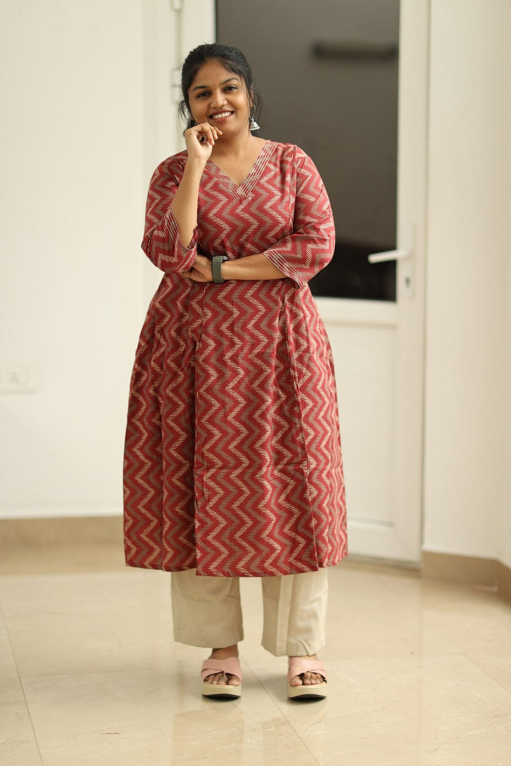 Strawberry Ripple Zigzag Print 30+ Women Everyday Office Kurta (Top + Bottom) | MAGI0059