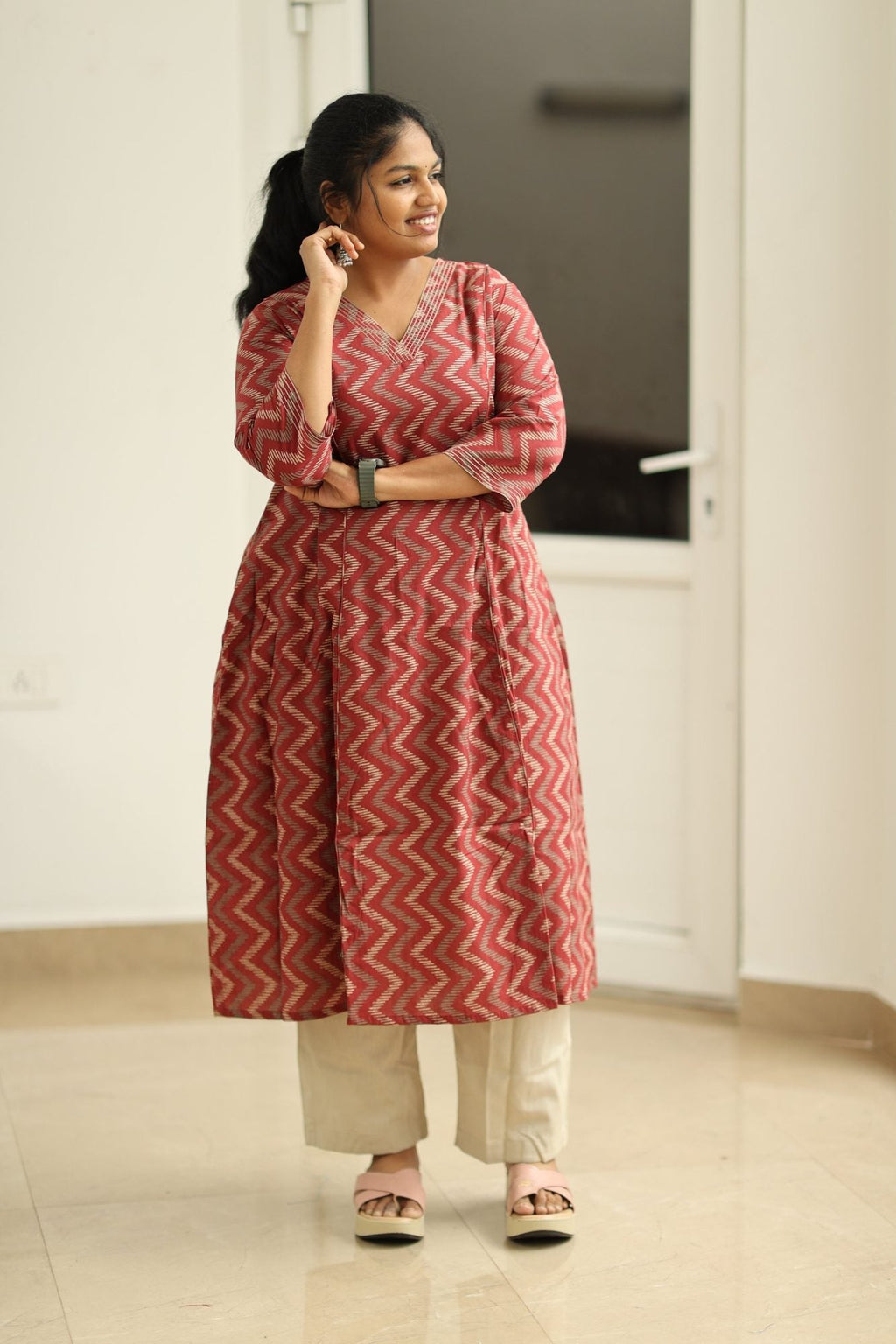 Strawberry Ripple Zigzag Print 30+ Women Everyday Office Kurta (Top + Bottom) | MAGI0059