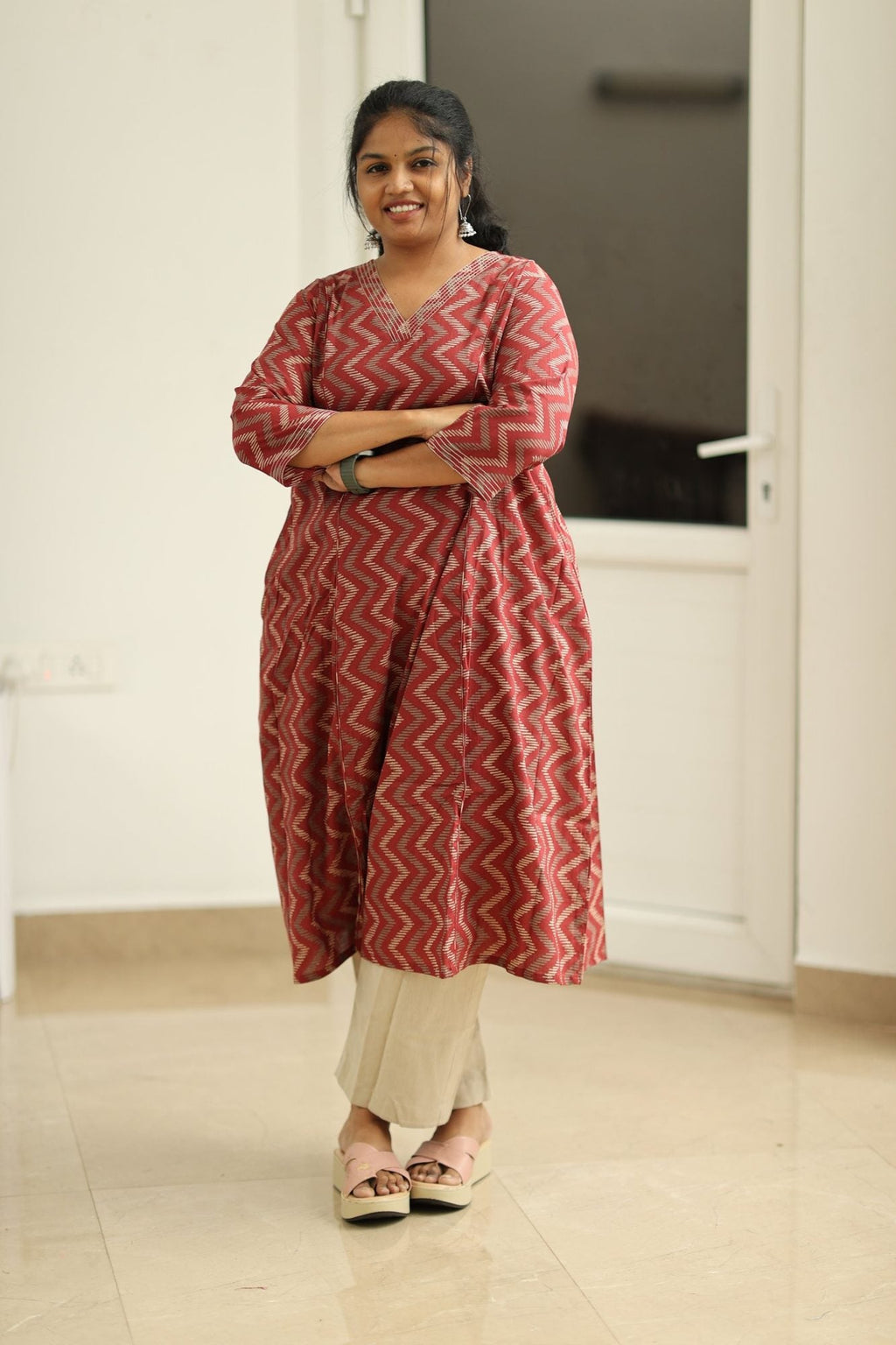 Strawberry Ripple Zigzag Print 30+ Women Everyday Office Kurta (Top + Bottom) | MAGI0059