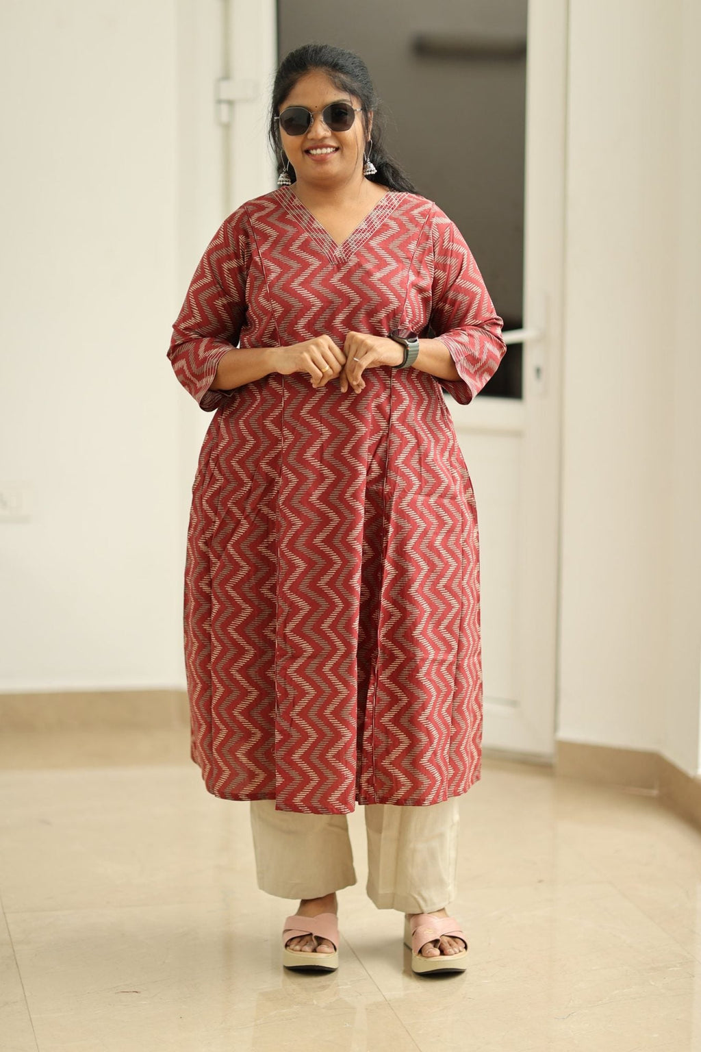 Strawberry Ripple Zigzag Print 30+ Women Everyday Office Kurta (Top + Bottom) | MAGI0059