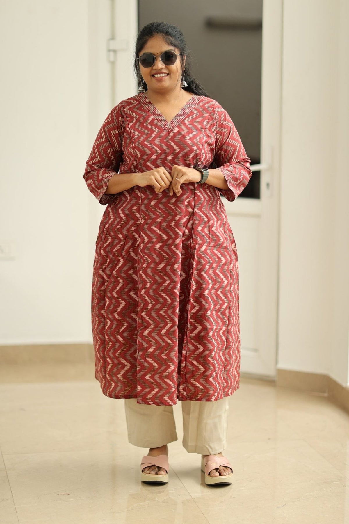 Strawberry Ripple Zigzag Print 30+ Women Everyday Office Kurta (Top + Bottom) | MAGI0059