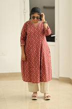 Strawberry Ripple Zigzag Print 30+ Women Everyday Office Kurta (Top + Bottom) | MAGI0059