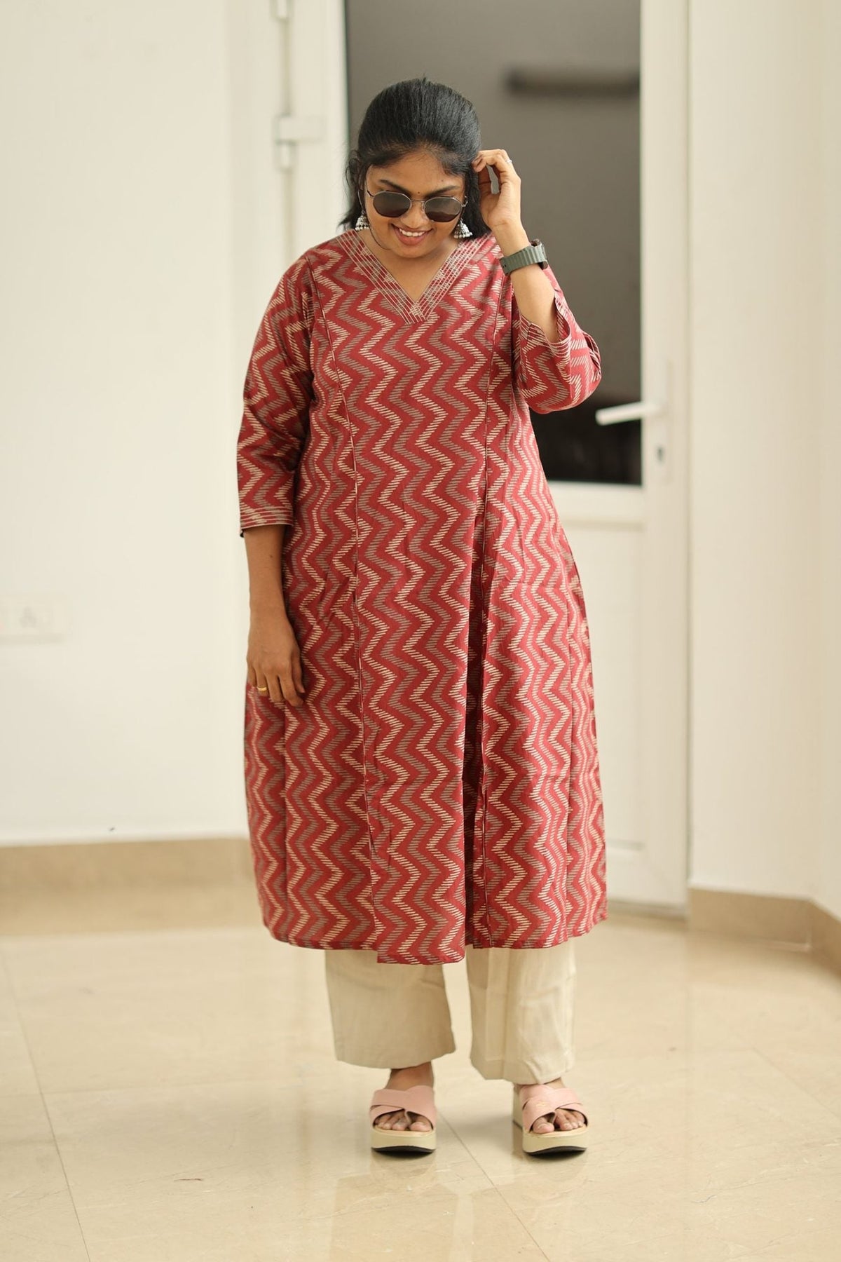 Strawberry Ripple Zigzag Print 30+ Women Everyday Office Kurta (Top + Bottom) | MAGI0059
