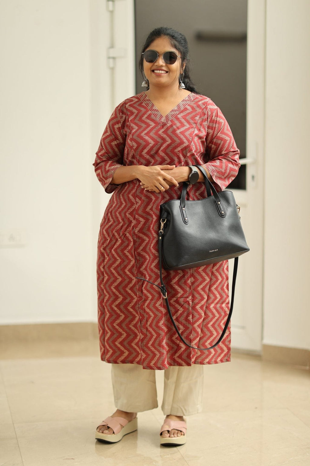 Strawberry Ripple Zigzag Print 30+ Women Everyday Office Kurta (Top + Bottom) | MAGI0059