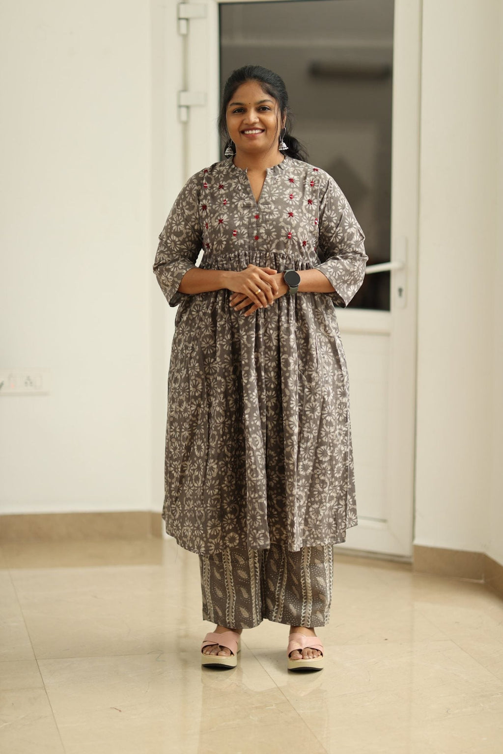 Earl Grey Cherry Mirror Work 30+ Women Everyday Office Kurta (Top + Bottom) | MAGI0060