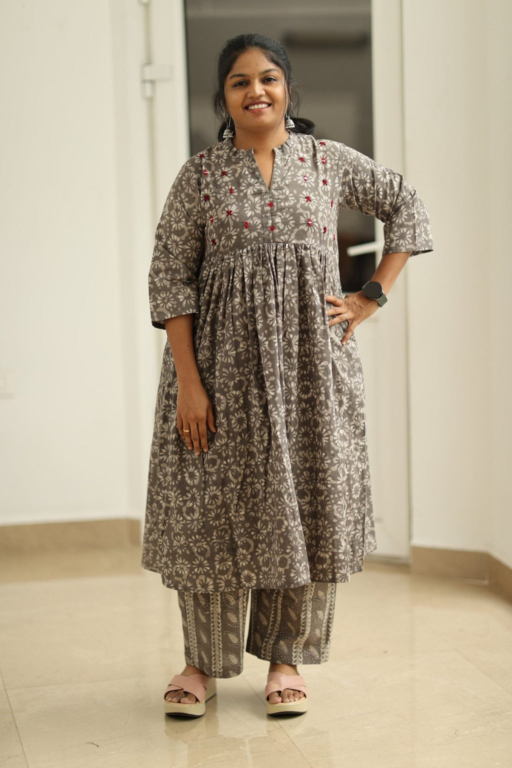 Earl Grey Cherry Mirror Work 30+ Women Everyday Office Kurta (Top + Bottom) | MAGI0060