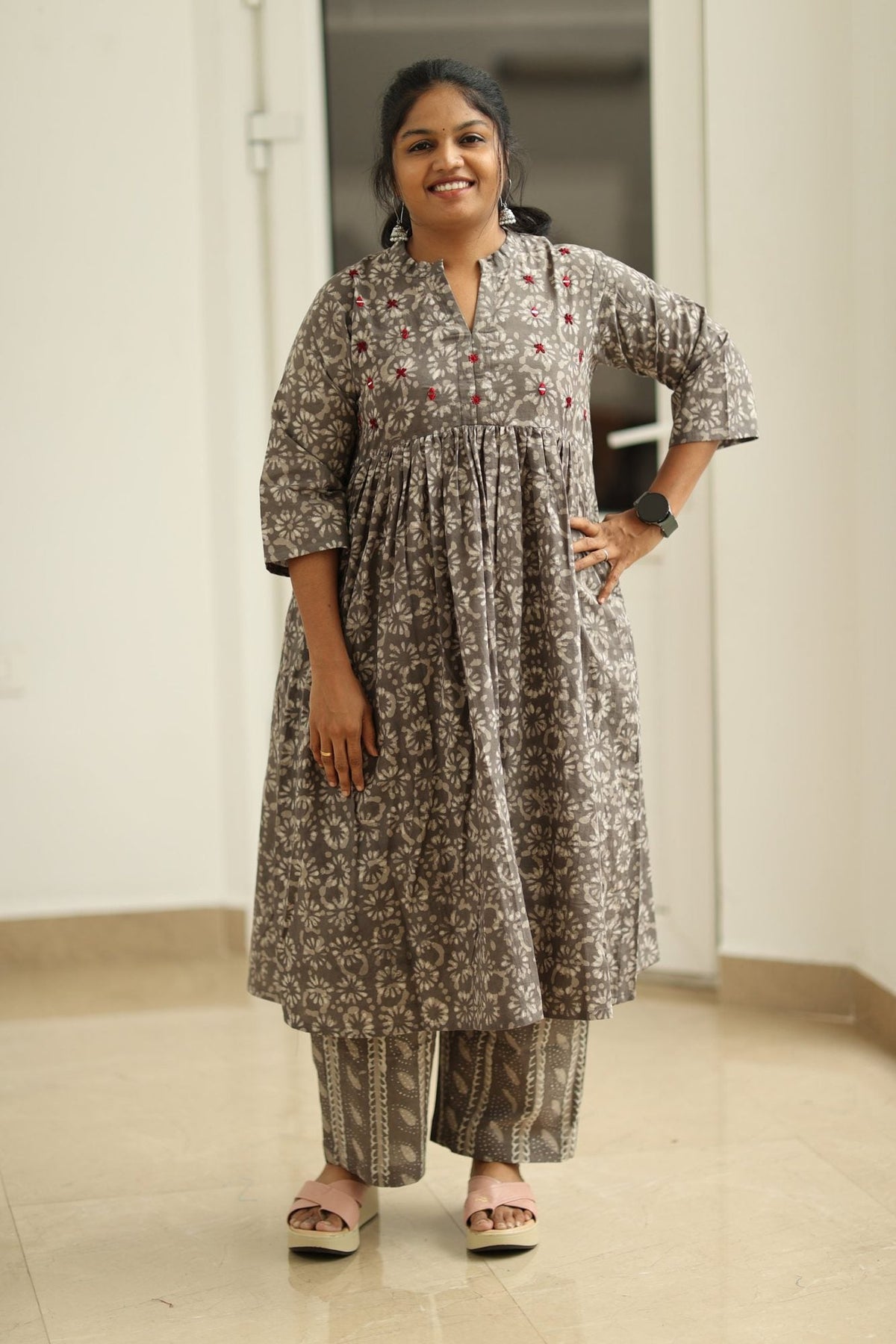Earl Grey Cherry Mirror Work 30+ Women Everyday Office Kurta (Top + Bottom) | MAGI0060