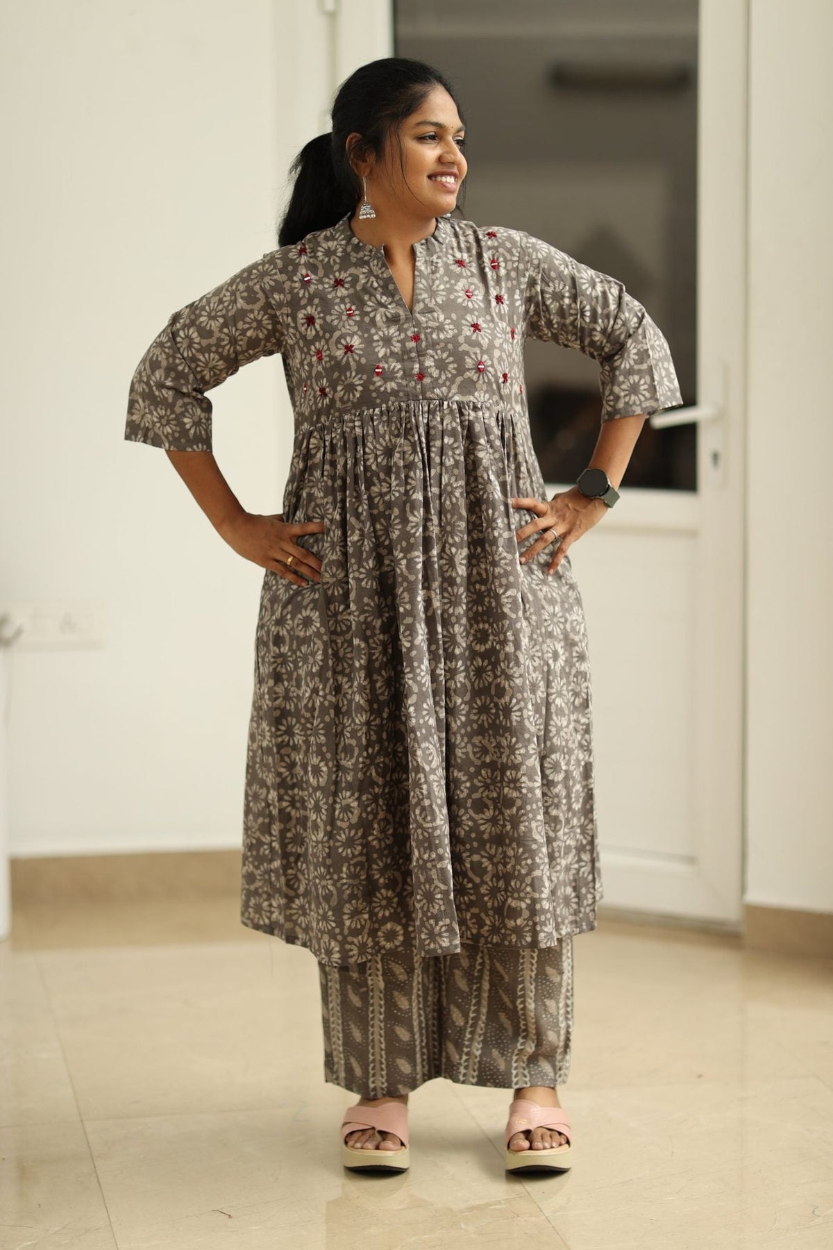 Earl Grey Cherry Mirror Work 30+ Women Everyday Office Kurta (Top + Bottom) | MAGI0060
