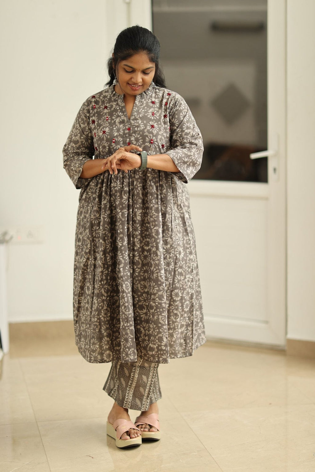 Earl Grey Cherry Mirror Work 30+ Women Everyday Office Kurta (Top + Bottom) | MAGI0060